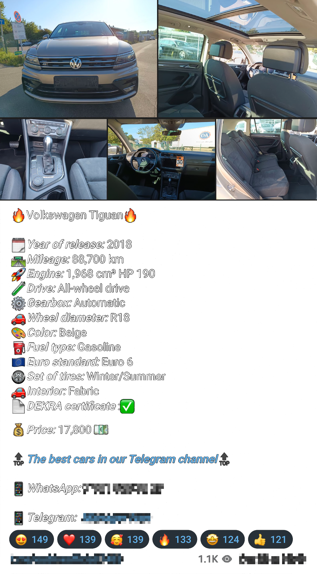 A typical post on a Russian-language Telegram channel advertising cars from the EU