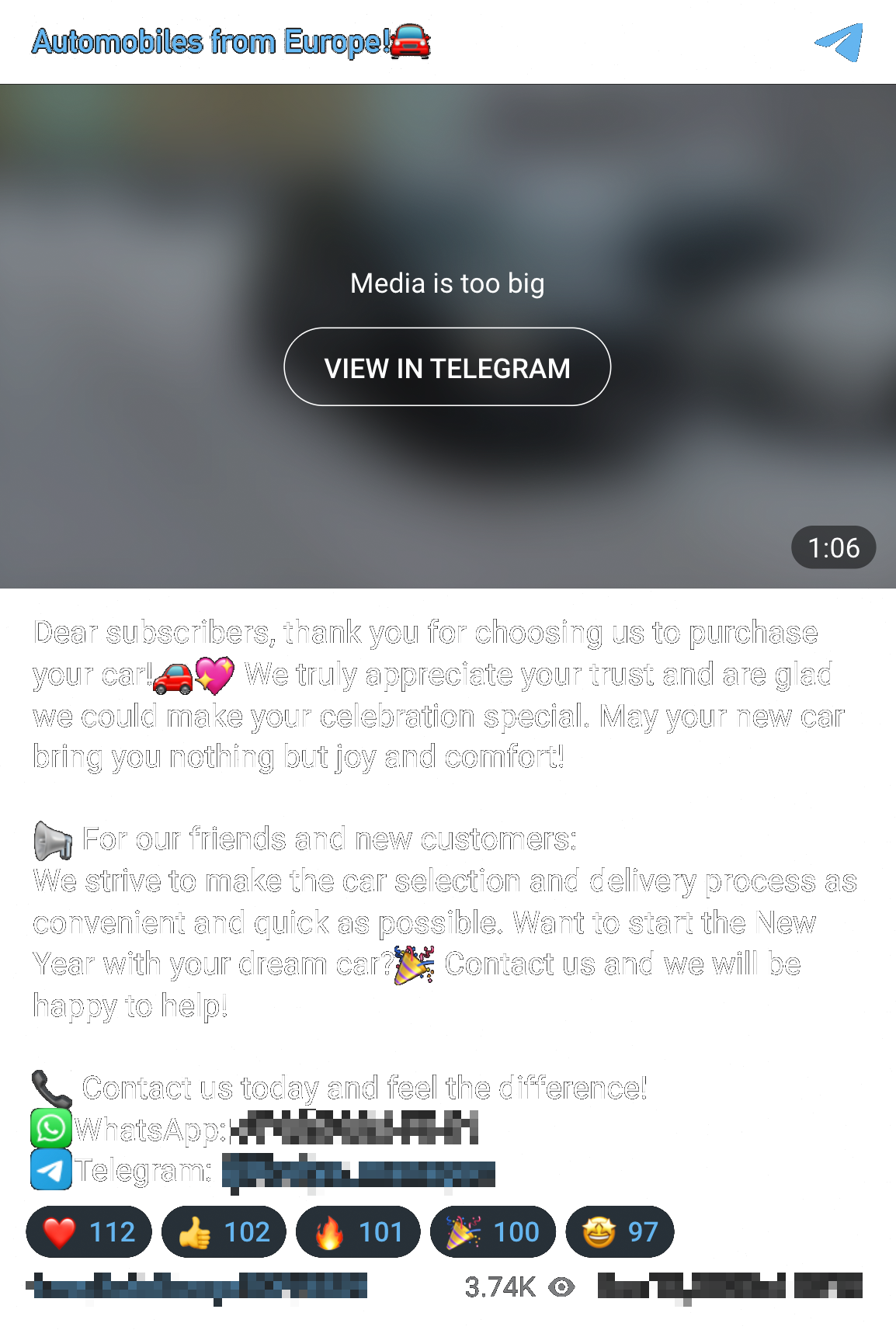 A Telegram post showing 'Natalia' thanking the owner of the channel for delivering her car. Records showed the car appeared to be purchased years prior.